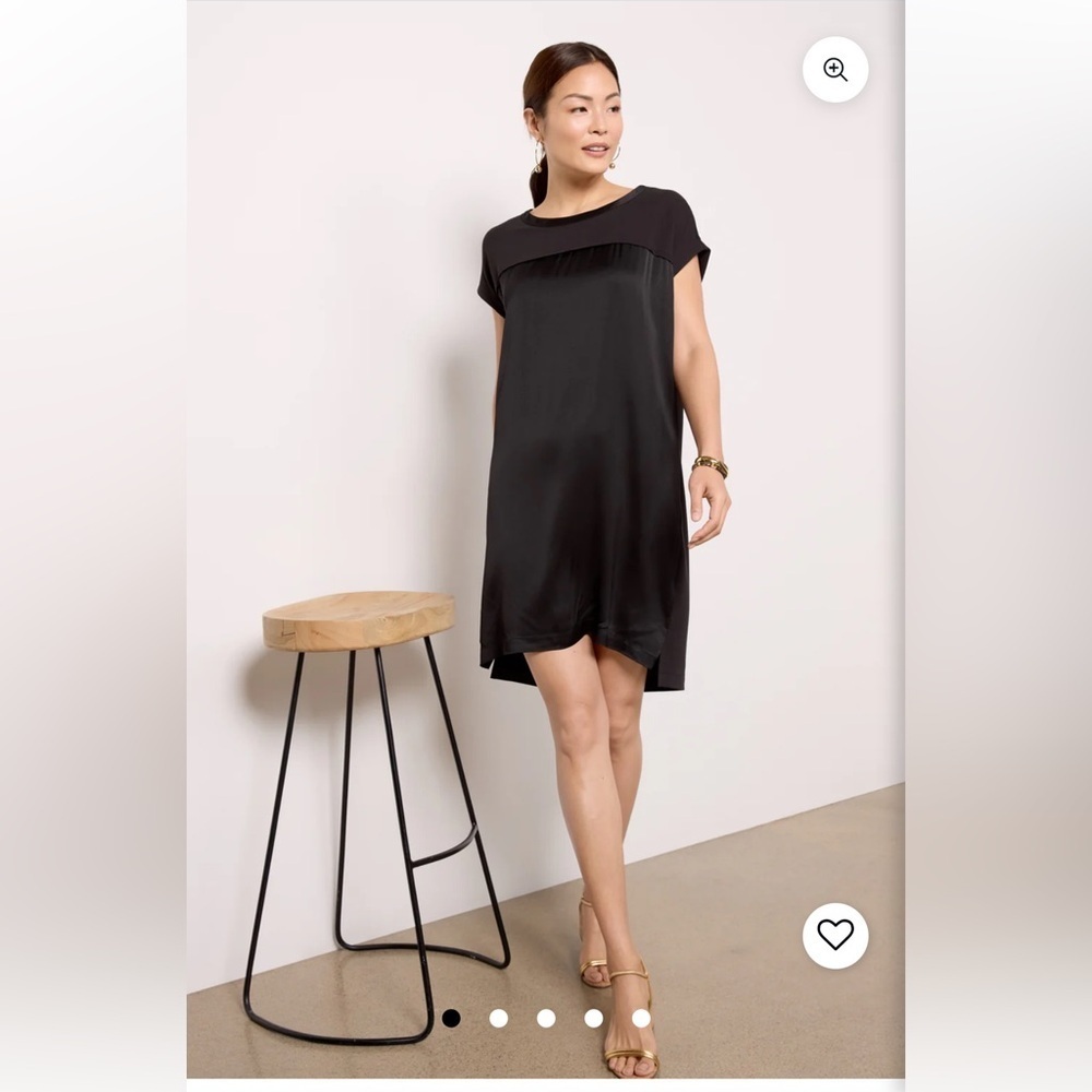 Evereve Amelia black shift dress cap sleeve crew neckline satin w knit contrast